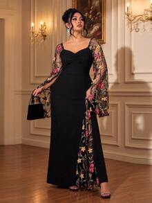 Roveilla Plus Size Elegant French Style Embroidered Mesh Bodycon Dress, Suitable For Party Wear, Spring/Autumn Fall - Black - View 5