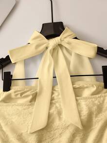 Franclia Women's Sweet Ruched Lace Patchwork Halter Neck Tie Top - Light Yellow - View 6