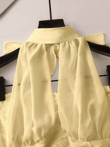 Franclia Women's Sweet Ruched Lace Patchwork Halter Neck Tie Top - Light Yellow - View 5