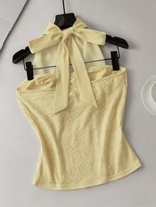 Franclia Women's Sweet Ruched Lace Patchwork Halter Neck Tie Top - Light Yellow - View 4