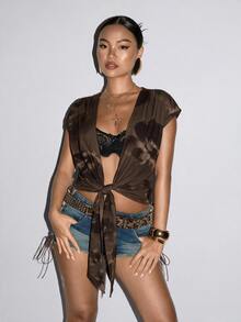 SHEIN ICON 女款休閒性感前開襟綁帶無袖上衣，Y2K風格 - 彩色 - 查看 3