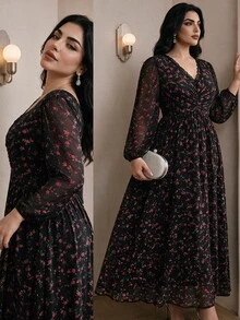 Modelyn Plus Ditsy Floral Print Lantern Sleeve Dress - Multicolor - View 4