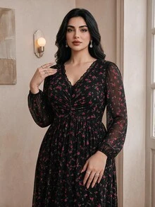 Modelyn Plus Ditsy Floral Print Lantern Sleeve Dress - Multicolor - View 3