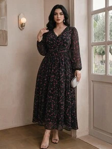 Modelyn Plus Ditsy Floral Print Lantern Sleeve Dress - Multicolor - View 1
