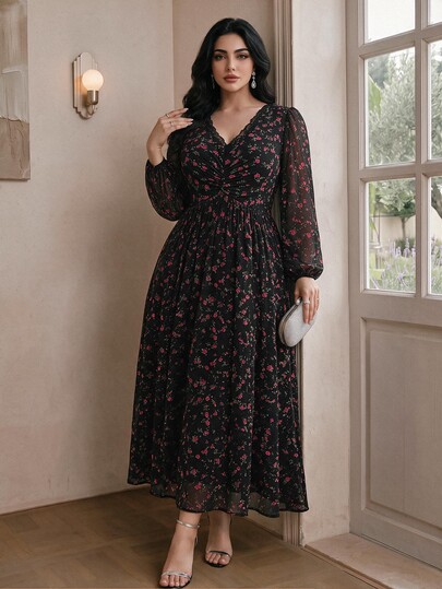 Modelyn Plus Ditsy Floral Print Lantern Sleeve Dress