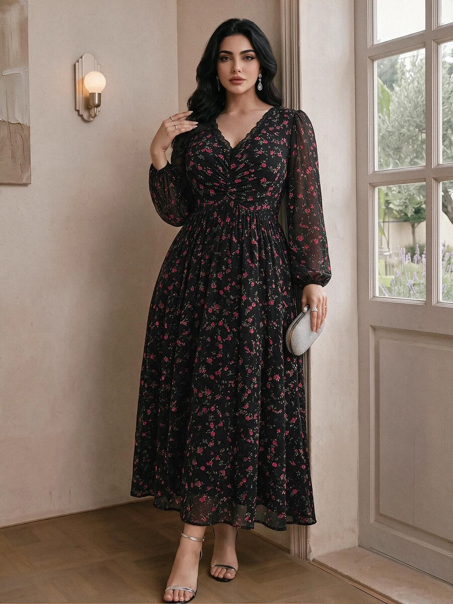 Modelyn Plus Ditsy Floral Print Lantern Sleeve Dress - Multicolor - View 1