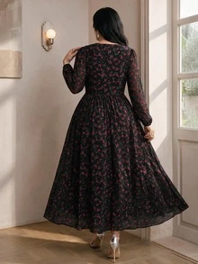 Modelyn Plus Ditsy Floral Print Lantern Sleeve Dress - Multicolor - View 2