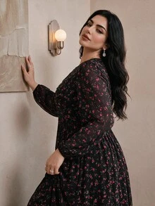 Modelyn Plus Ditsy Floral Print Lantern Sleeve Dress - Multicolor - View 7