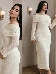 Modelyn Plus Size Solid Color Elegant Formal Elegant Waist Cinching Cocktail Evening Formal Wedding Guest Wedding Party Dress White Autumn Fall - Apricot - View 3