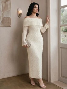 Modelyn Plus Size Solid Color Elegant Formal Elegant Waist Cinching Cocktail Evening Formal Wedding Guest Wedding Party Dress White Autumn Fall - Apricot - View 6
