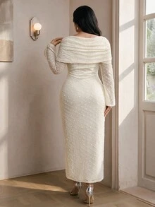 Modelyn Plus Size Solid Color Elegant Formal Elegant Waist Cinching Cocktail Evening Formal Wedding Guest Wedding Party Dress White Autumn Fall - Apricot - View 2