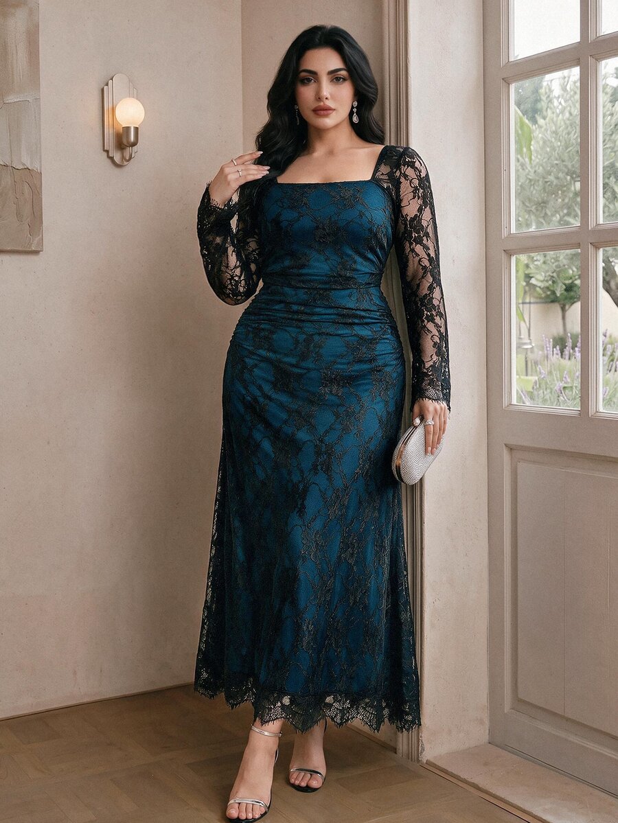 Modelyn Plus Size Women's Contrast Lace Long Sleeve Square Neck Elegant Dress - Teal Blue - View 1