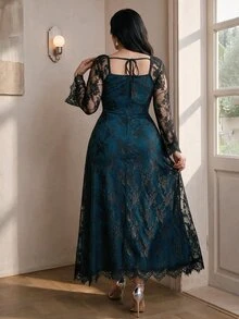 Modelyn Plus Size Women's Contrast Lace Long Sleeve Square Neck Elegant Dress - Teal Blue - View 2