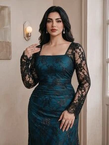 Modelyn Plus Size Women's Contrast Lace Long Sleeve Square Neck Elegant Dress - Teal Blue - View 4