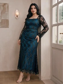 Modelyn Plus Size Women's Contrast Lace Long Sleeve Square Neck Elegant Dress - Teal Blue - View 5