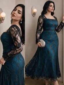 Modelyn Plus Size Women's Contrast Lace Long Sleeve Square Neck Elegant Dress - Teal Blue - View 3