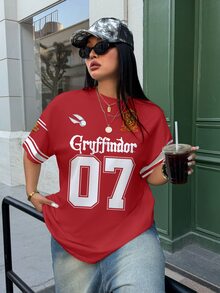 HARRY POTTER X SHEIN Women's Plus Size Letter Print Short Sleeve T-Shirt - White - View 3
