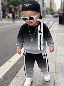 Baby Boy Fall Black Print Outfit, Contrast Striped Fleece Sweatshirt + Long Pants 2 Pieces Set Family Matching Photoshoot Gym Cowboy Racing - Multicolor - View 1