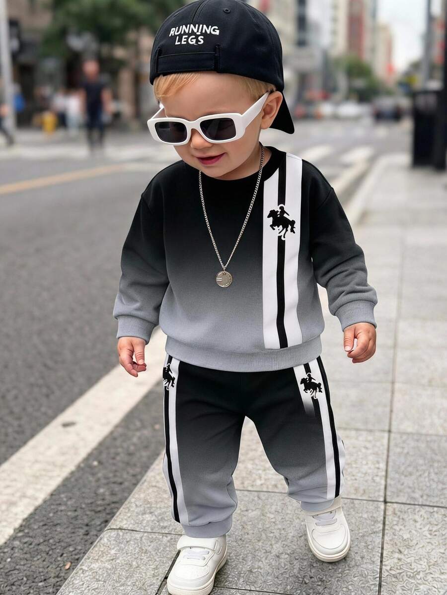 Baby Boy Fall Black Print Outfit, Contrast Striped Fleece Sweatshirt + Long Pants 2 Pieces Set Family Matching Photoshoot Gym Cowboy Racing - Multicolor - View 1