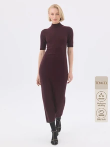 KÆRIA Hus Short Sleeve High-Neck Midi Dress - Lyocell Knit - Deep Burgundy - Workwear, Column Dress, Bodycon - Burgundy - View 10