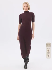 KÆRIA Hus Short Sleeve High-Neck Midi Dress - Lyocell Knit - Deep Burgundy - Workwear, Column Dress, Bodycon - Burgundy - View 9