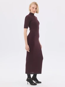 KÆRIA Hus Short Sleeve High-Neck Midi Dress - Lyocell Knit - Deep Burgundy - Workwear, Column Dress, Bodycon - Burgundy - View 4