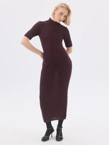 KÆRIA Hus Short Sleeve High-Neck Midi Dress - Lyocell Knit - Deep Burgundy - Workwear, Column Dress, Bodycon - Burgundy - View 5