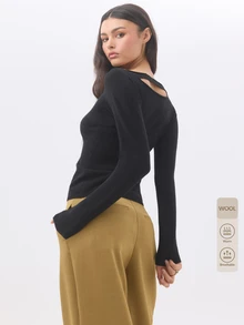 KÆRIA Hus Reversible Boat Neck Cutout Back Long Sleeve Knit Top - Fine Wool Blend - Black - Minimalist, Layering,Layering, Modern, Sexy - Black - View 9