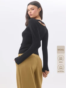 KÆRIA Hus Reversible Boat Neck Cutout Back Long Sleeve Knit Top - Fine Wool Blend - Black - Minimalist, Layering,Layering, Modern, Sexy - Black - View 10