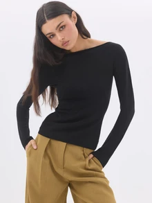 KÆRIA Hus Reversible Boat Neck Cutout Back Long Sleeve Knit Top - Fine Wool Blend - Black - Minimalist, Layering,Layering, Modern, Sexy - Black - View 5