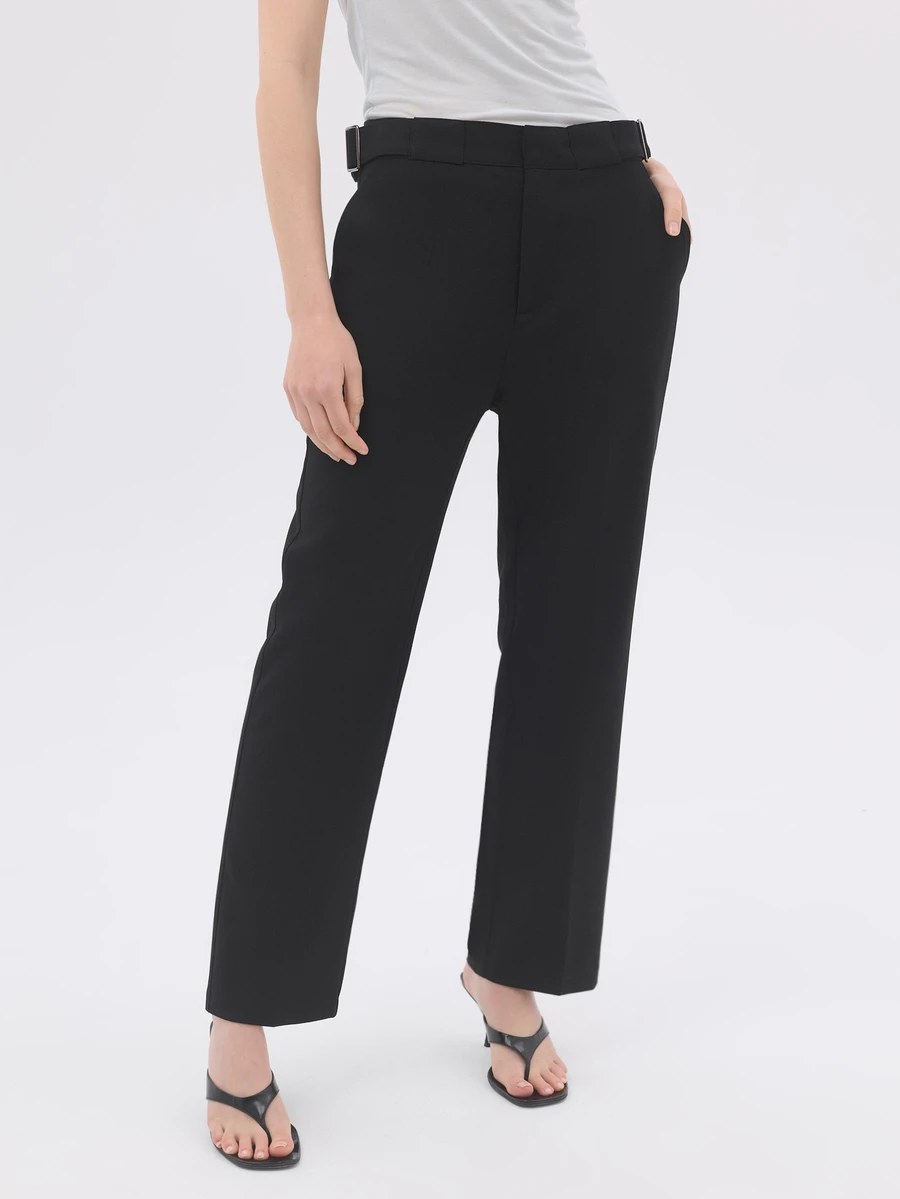 KÆRIA Hus Buckle-Waist Cropped Trousers - Compact Comfort Stetch Tailoring - Black - Workwear, Preppy, Minimal - Black - View 1