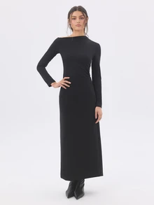 KÆRIA Hus Draped Asym Long Sleeve Top - Sculpted Jersey - Black - Going Out, Fitted, , Party, Slant Shoulder - Black - View 5