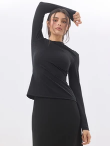 KÆRIA Hus Draped Asym Long Sleeve Top - Sculpted Jersey - Black - Going Out, Fitted, , Party, Slant Shoulder - Black - View 6