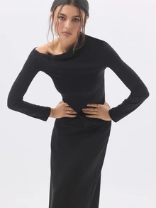 KÆRIA Hus Draped Asym Long Sleeve Top - Sculpted Jersey - Black - Going Out, Fitted, , Party, Slant Shoulder - Black - View 7