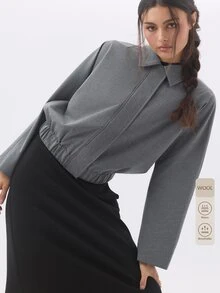 KÆRIA Hus Lightweight Loose Short Bomber Jacket For Women, Textured Pattern Lapel Collar, Casual Commute Outerwear - Dark Grey - View 8