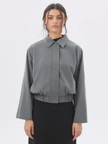 KÆRIA Hus Lightweight Loose Short Bomber Jacket For Women, Textured Pattern Lapel Collar, Casual Commute Outerwear - Dark Grey - View 5