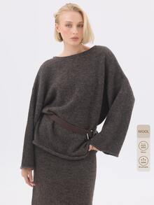 KÆRIA Hus Sweater dengan Bagian Belakang Terbuka dan Hem Terlipat - Rajutan Bertekstur - Cokelat Marle - Bagian Belakang Berbentuk V Dalam, Potongan Longgar, Set Serasi - Coklat - View 9