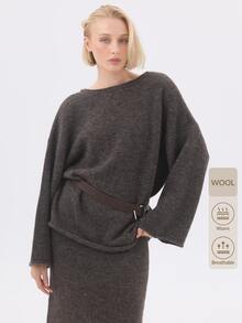 KÆRIA Hus Sweater dengan Bagian Belakang Terbuka dan Hem Terlipat - Rajutan Bertekstur - Cokelat Marle - Bagian Belakang Berbentuk V Dalam, Potongan Longgar, Set Serasi - Coklat - View 10
