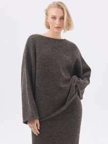 KÆRIA Hus Sweater dengan Bagian Belakang Terbuka dan Hem Terlipat - Rajutan Bertekstur - Cokelat Marle - Bagian Belakang Berbentuk V Dalam, Potongan Longgar, Set Serasi - Coklat - View 6