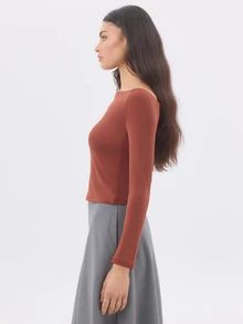 KÆRIA Hus Long Sleeve Boat-Neck Top - Sculpted Jersey - Rust Red - Minimalist, Workwear, Layering, Long Sleeve - Red - View 6