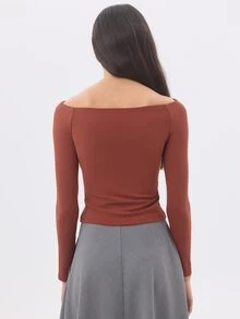 KÆRIA Hus Long Sleeve Boat-Neck Top - Sculpted Jersey - Rust Red - Minimalist, Workwear, Layering, Long Sleeve - Red - View 2
