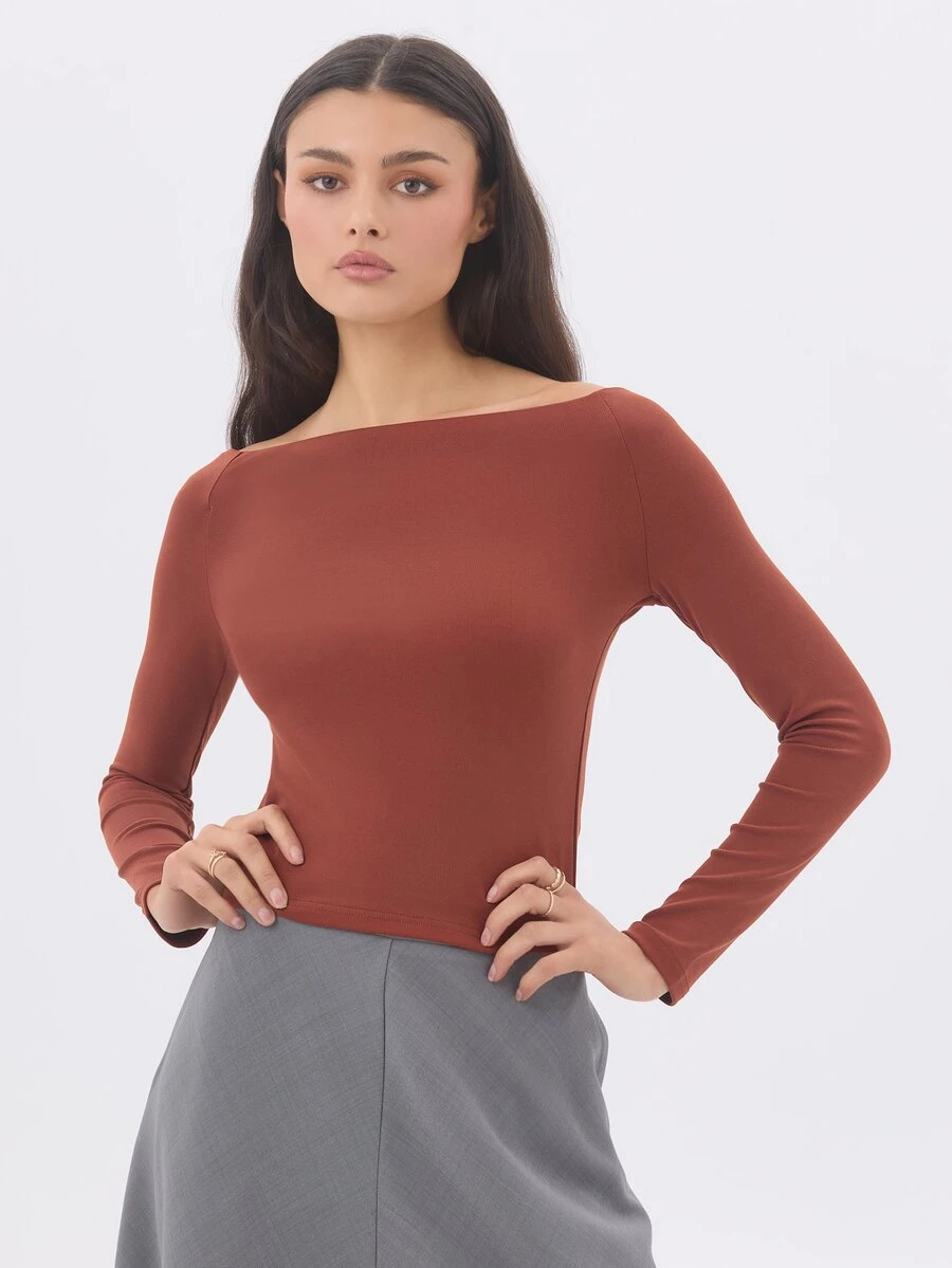 KÆRIA Hus Long Sleeve Boat-Neck Top - Sculpted Jersey - Rust Red - Minimalist, Workwear, Layering, Long Sleeve - Red - View 1