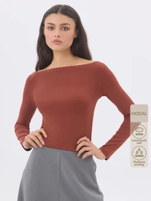 KÆRIA Hus Long Sleeve Boat-Neck Top - Sculpted Jersey - Rust Red - Minimalist, Workwear, Layering, Long Sleeve - Red - View 9