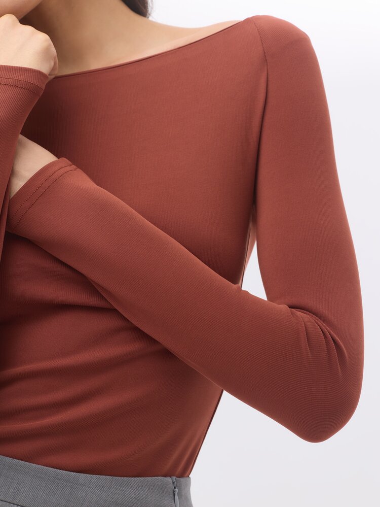 KÆRIA Hus Long Sleeve Boat-Neck Top - Sculpted Jersey - Rust Red - Minimalist, Workwear, Layering, Long Sleeve - Red - View 7