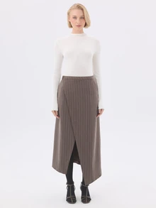 KÆRIA Hus Asym Wrap-Front Midi Skirt - Compact Tailoring - Taupe Pinstripe - Workwear, Front Split, Stripe - Brown - View 1