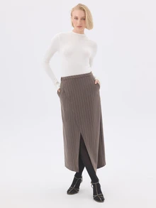 KÆRIA Hus Asym Wrap-Front Midi Skirt - Compact Tailoring - Taupe Pinstripe - Workwear, Front Split, Stripe - Brown - View 4