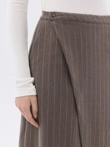 KÆRIA Hus Asym Wrap-Front Midi Skirt - Compact Tailoring - Taupe Pinstripe - Workwear, Front Split, Stripe - Brown - View 5