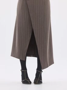 KÆRIA Hus Asym Wrap-Front Midi Skirt - Compact Tailoring - Taupe Pinstripe - Workwear, Front Split, Stripe - Brown - View 7