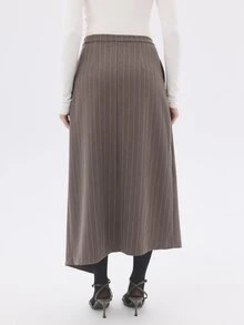 KÆRIA Hus Asym Wrap-Front Midi Skirt - Compact Tailoring - Taupe Pinstripe - Workwear, Front Split, Stripe - Brown - View 2