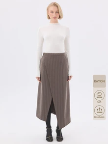 KÆRIA Hus Asym Wrap-Front Midi Skirt - Compact Tailoring - Taupe Pinstripe - Workwear, Front Split, Stripe - Brown - View 9